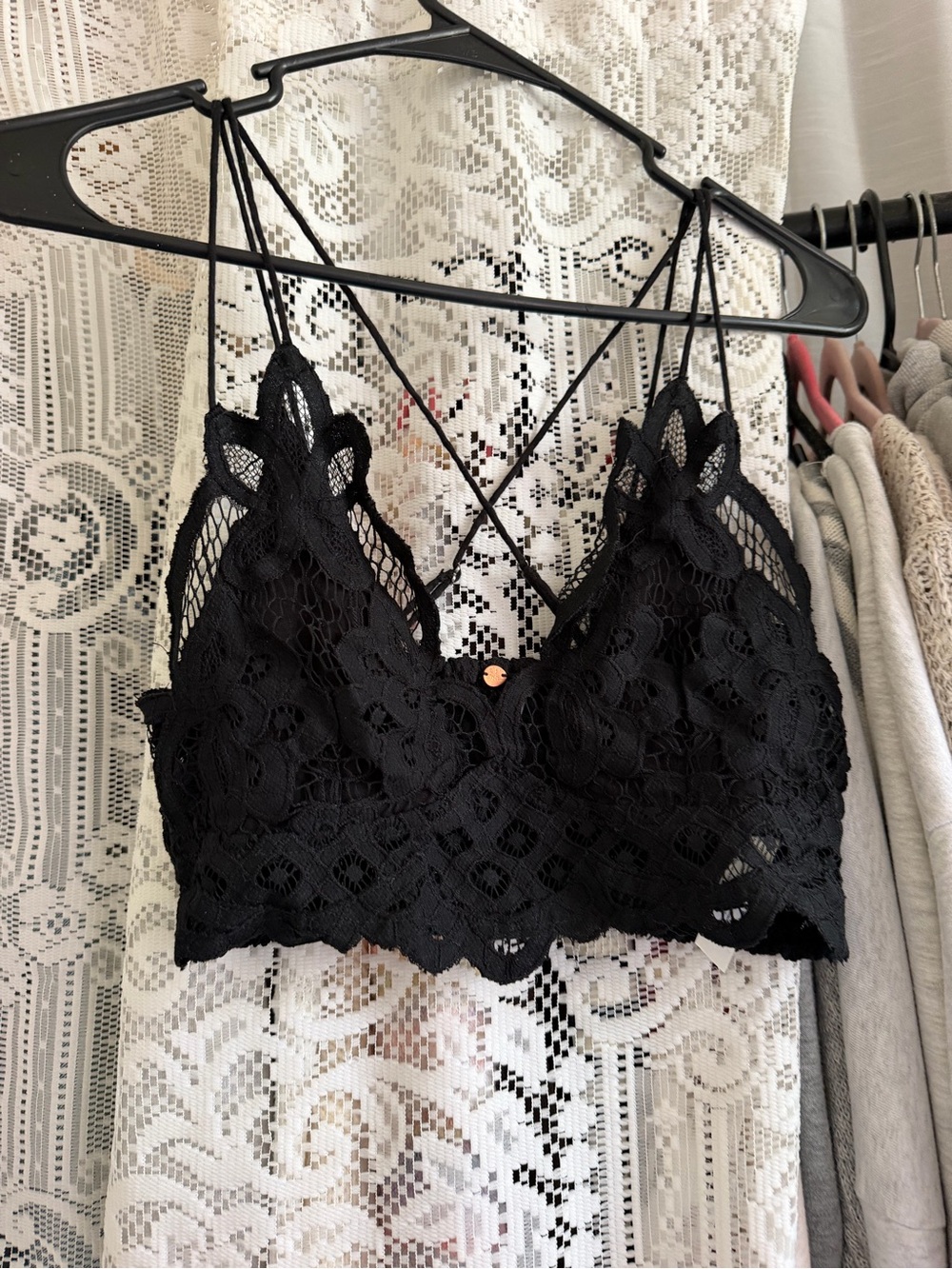 Free People Black Floral Lace Bralette with Strappy Back